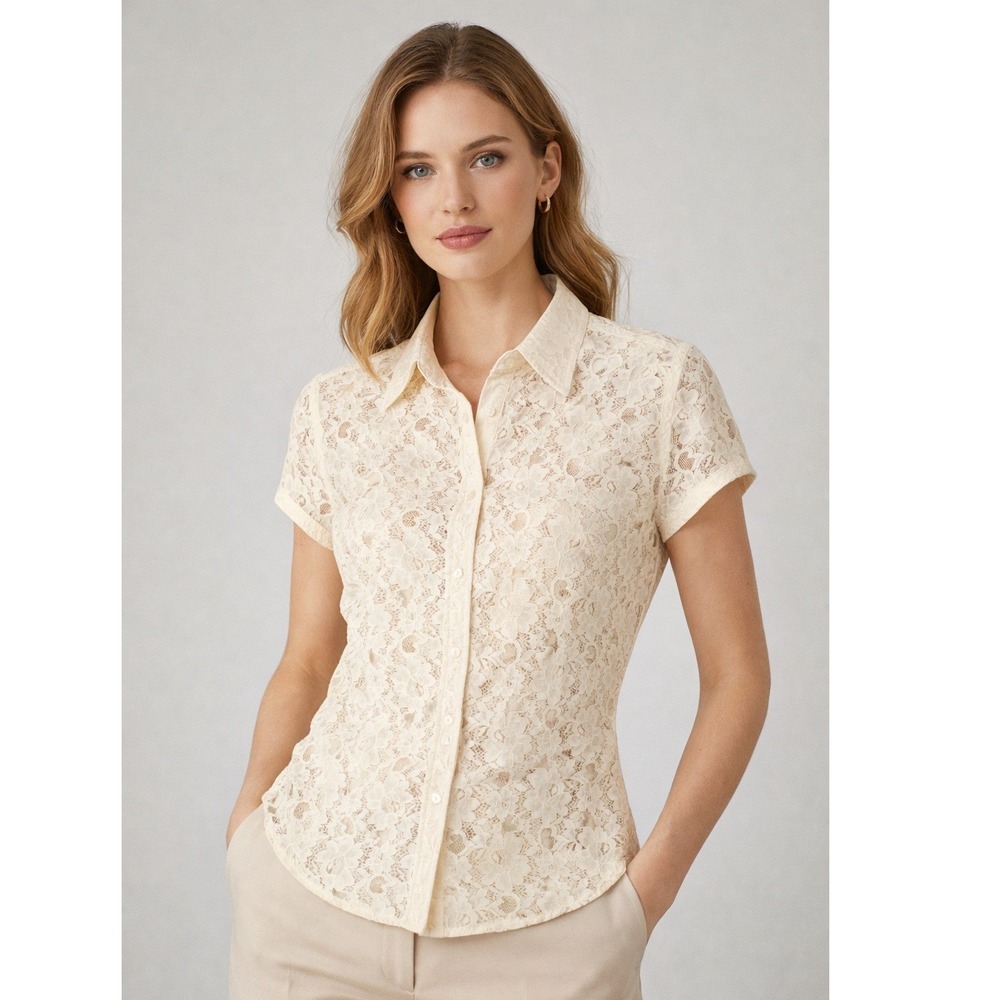 Boho Lace Floral Button Up Ivory Short Sleeve Collared Blouse Top Women's XL